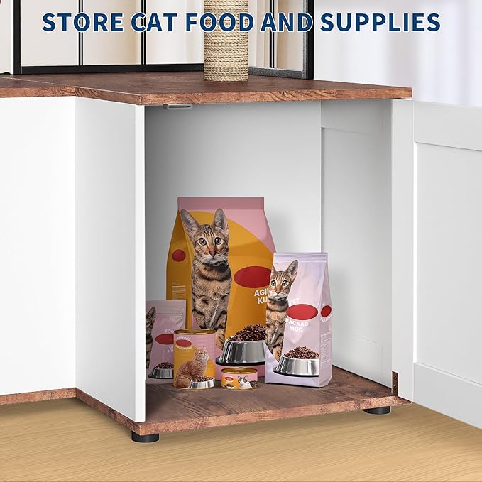 48.8" Wooden Cat Tree with Hidden Litter Box Enclosure & Storage Cabinet – 2-in-1 Cat Furniture with Scratching Post, Toy Balls, and Play Area for Indoor Cats