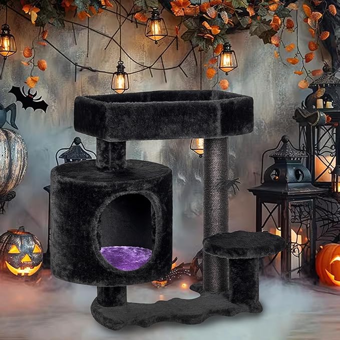 BEWISHOME Cat Tree, Gothic Cat Tree with Coffin Bed, Goth Cat Tree Tower with Scratching Posts, Cat Shelves for Kittens, Spider Toy, Black and Violet Small MMJ93Z