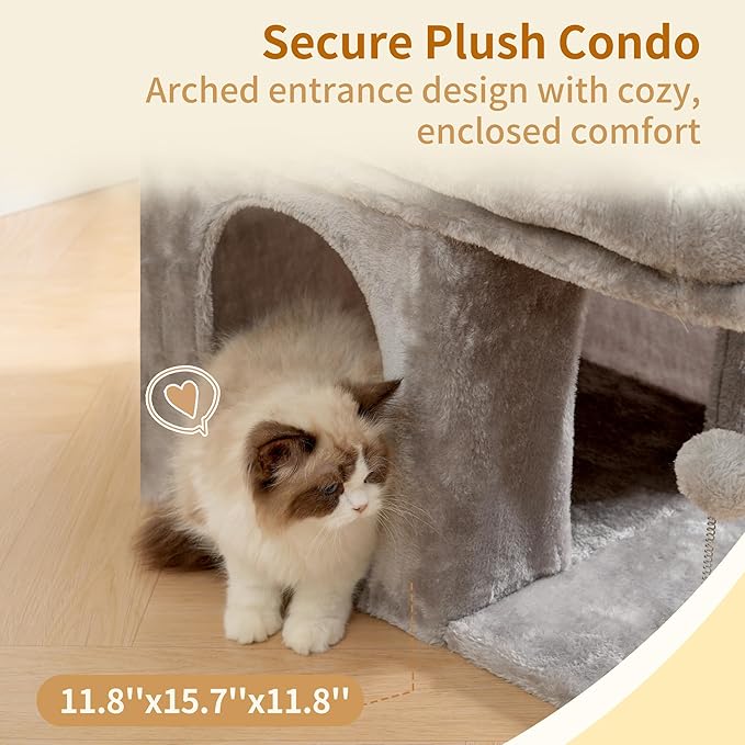 Heybly Cat Tree, 14 inch Cat Tower with Large Perch Bed and Cat Condo for Indoor Cats Large Adult, Cat House with Scratching Posts and Interactive Spring Balls for Your Kittens, Light Gray HCT203SW