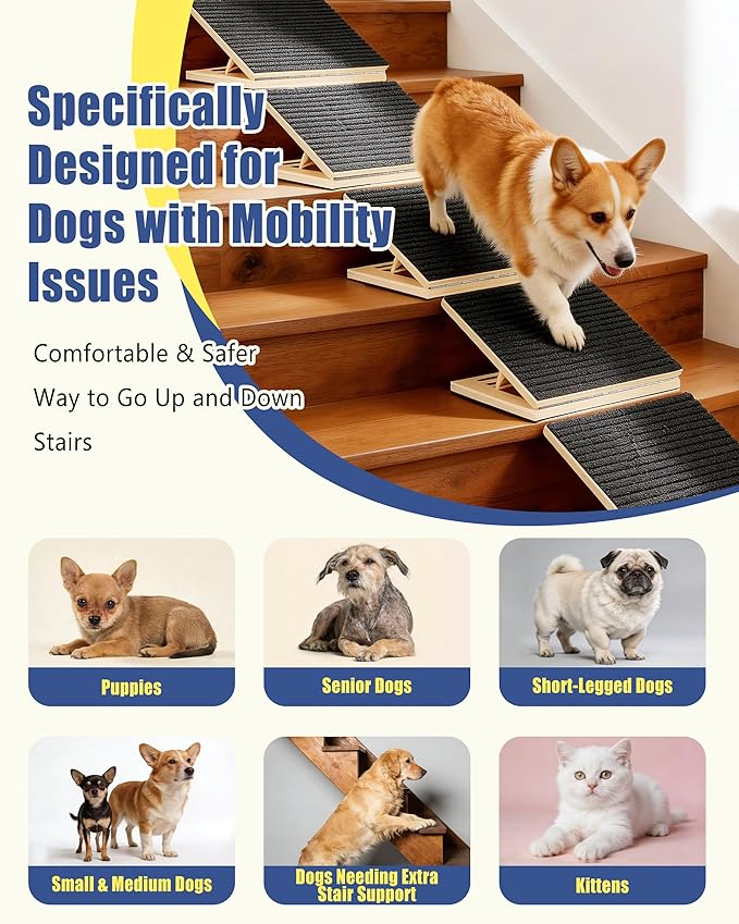 Dog Ramp for Stairs, 2 Pack Wooden Pet Steps for Small Dogs, Foldable Anti-Slip Stair Ramp for Senior, Short-Legged & Injured Pets, Adjustable Low-Angle Dog Stair Wedge