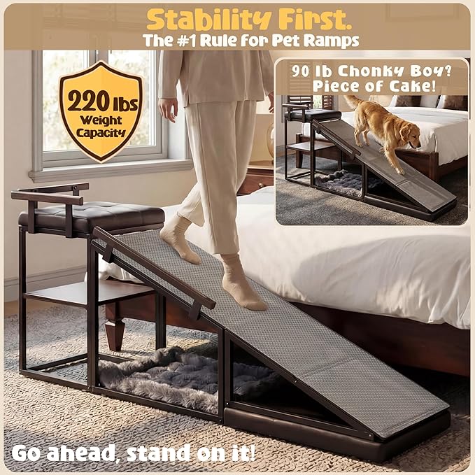 4-in-1 Dog Ramp, 65" x 26" x 17" Storage Ottoman Bench Upholstered Padded with Solid Wood Shelf, Foldable Pet Stairs Non-Slip Silicone Surface - Safety Railings Load up to 220 lb, Black