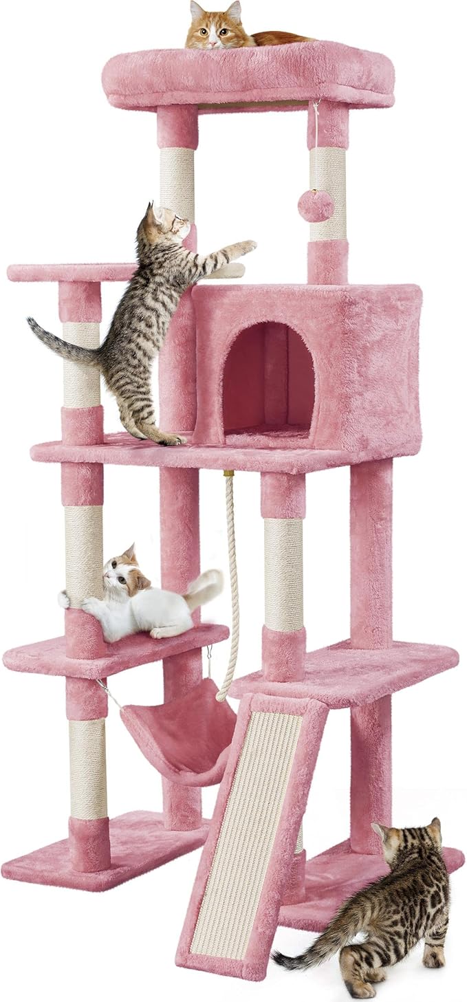 Topeakmart 63in Cat Tree, Large Cat Tower Furniture w/Cat Condo, Padded Platform & Sisal-Covered Scratching Post, Stable Cat Tower Pet Play House, Pink