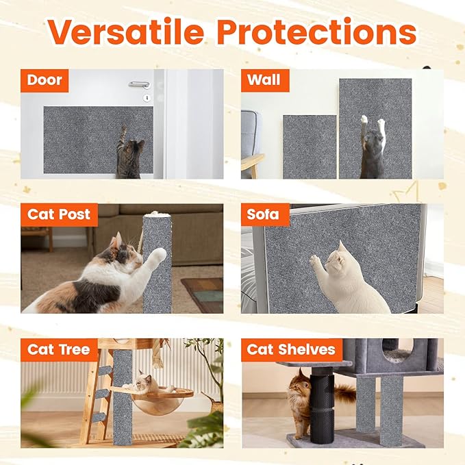 78.7"x15.8" Self-Adhesive cat Scratch pad - Trimmable Furniture Protector for Couch, Walls & Cat Trees | DIY Climbing Scratcher Pad with Twist Pins & Double-Sided Adhesives (Light Grey)