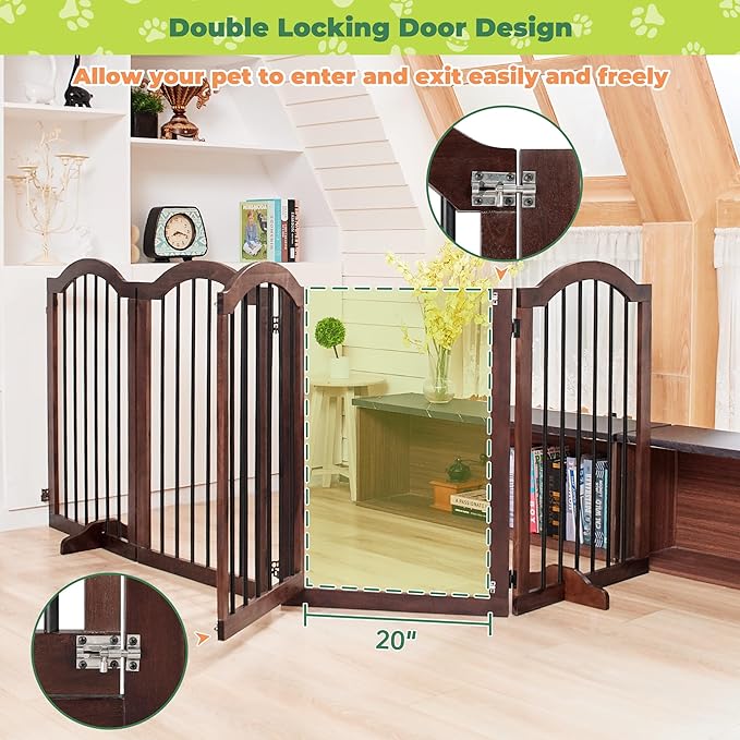 PrimeZone 96" Wide Dog Gate with Door - 30" Tall 4-Panel Solid Acacia Wooden Freestanding Puppy Gates, Foldable Indoor Pet Fence for Doorways, Stairs, Support Feet Included, Brown