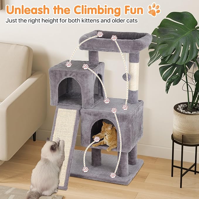 Cat Tree 36-Inch Cat Tower with Scratching Post Multi-Level Cats Condo with Ramp,Large Perch,Dangling Ball,Pet Play Tower for Kittens & Adult Cats(Ashy)