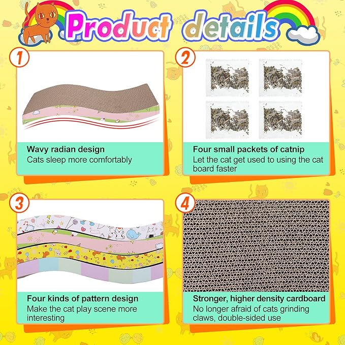 Qunclay 4 Pcs Cardboard Cat Scratcher, Reversible Cat Scratch Pad with Catnip, Textures Design S Shape Corrugated Boards for Furniture Protection