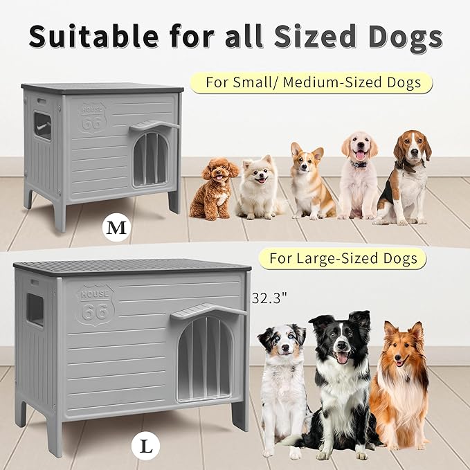 Rockever Dog House Outdoor Indoor for Small Medium Dogs, Plastic Elevated Outdoor Dog House Waterproof Dog Kennel with Window, Easy Clean and Assemble(M)