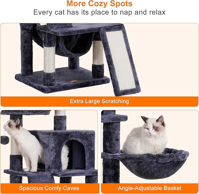 Heybly Cat Tree, Cat Tower for Indoor Cats, Multi-Level Cat Furniture Condo for Cats with Padded Plush Perch, Cozy Basket and Scratching Board, Smoky Gray HCT014G