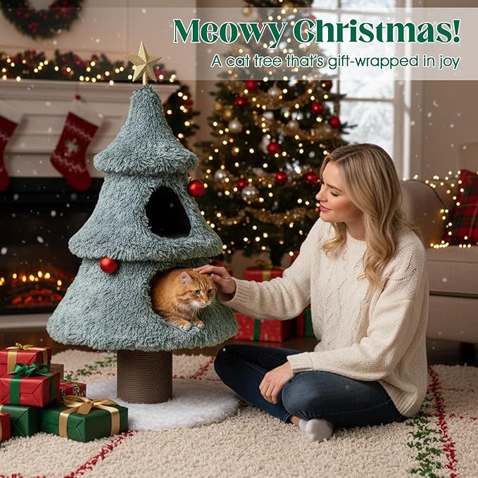 PETSITE 48.5 Inches Cat Christmas Tree, Cute Cat Tower with Scratching Post, 2 Comfy Condos and Decorative Festival Dangling Balls, Star-Shaped Ornament Sits at The Top, Soft Polar Fleece Covered