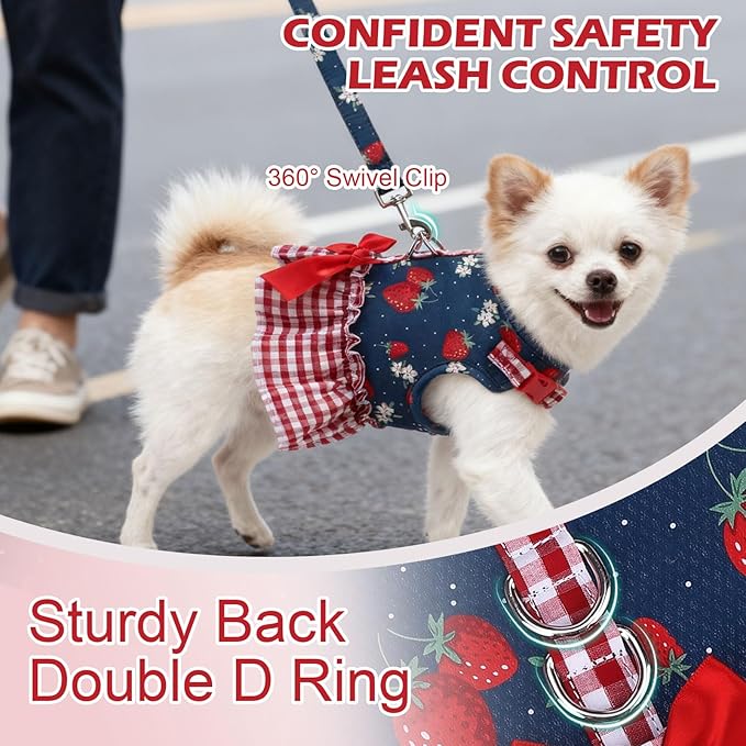 EXPAWLORER Dog Harness Small Medium Sized Dogs, Plaid Dog Dress Bowknot Harness and Leash Set, No Choke No Pull Soft Mesh Vest Cute Princess Puppy Outfits Clothes Costume for Girls Party Cats Navy S
