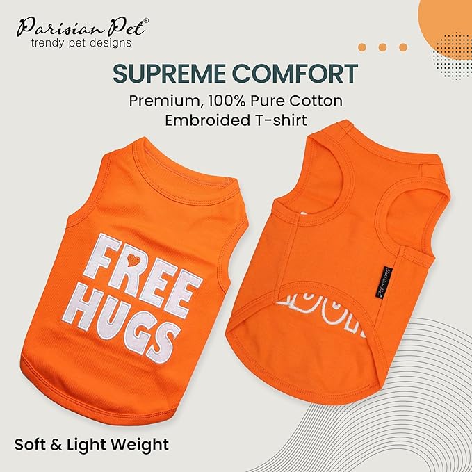 Parisian Pet Dog Shirt – 100% Cotton Free Hugs Shirts for Large Dogs – Sleeveless Puppy Clothes – Lightweight and Breathable Orange Dog Clothes – Summer Pet Apparel - Stretchable Tshirts for Dogs