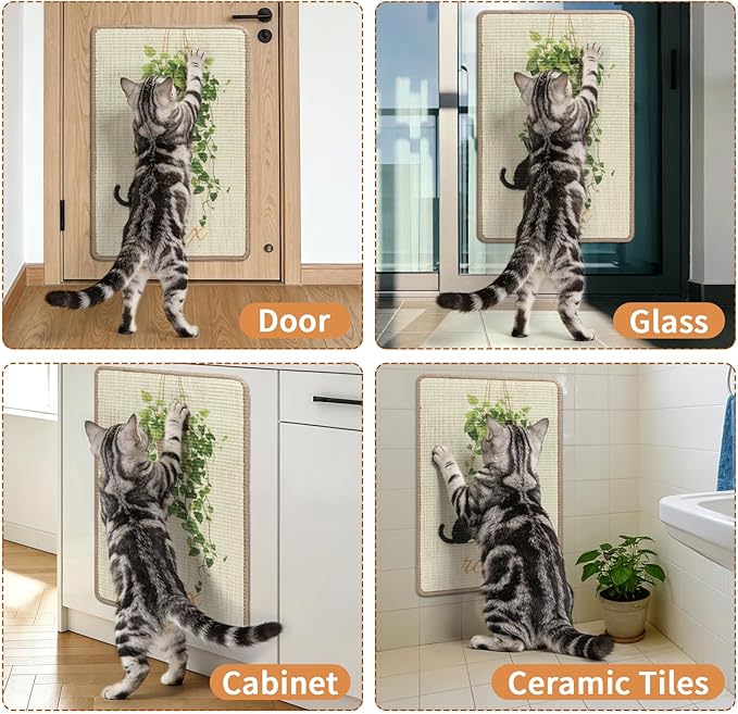 Sisal Cat Scratcher Mat Cat Wall Scratcher for Indoor Scratch Pad Wall Mounted Scratching Post to Protect Couch Carpet Furniture 23.6"x15.7" (Green Plant Cat)