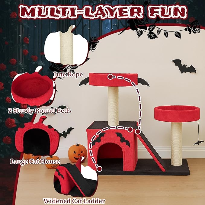 Gothic Cat Tree with Coffin Bed for Indoor Cats, 26" Gothic Cat Tree, Cat Tower with Spacious Cat Condo, 2 Padded Perches, Spider Toy, Scratching Posts, Scratching Ladder for Large Cats, Red & Black