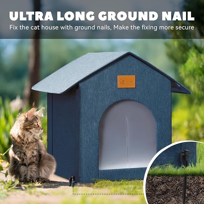Outdoor Cat House Feral Cat Shelter,Outside Waterproof Cat House for Outdoor/Indoor Cats, Insulated Cat Bed for All Seasons with Cozy Cushion Easy to Assemble (Navy Blue, Floor Spike Style)