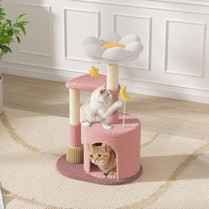 Magshion Flower Cat Tree for Indoor Cats, 33" Cute Cat Tower with Scratching Post, Condo, Top Flower Perch and Dangling Balls, Compact Cat Stand for Kittens, Pink