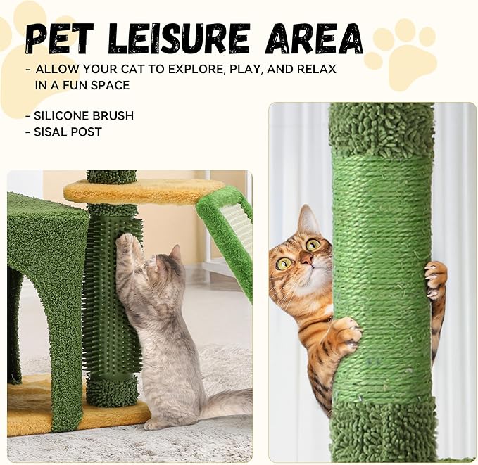 DWVO Cactus Cat Tree: 37" Tall with Self-Grooming Brush, Cute Kitten Climbing Tower for Indoor Kittens with Cat Condo, Plush Platform, Hammock, Sisal Scratching Posts, Dangling Ball