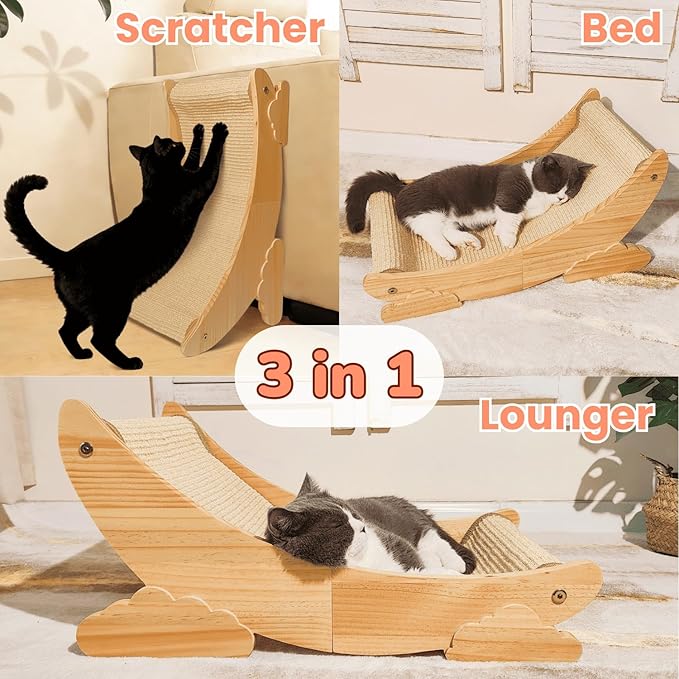 Sisal Cat Scratcher Bed Scratch Chair Aesthetic Cat Lounger Natural Wood Scratch Post Replaceable Sisal Mat with Catnip and Felt Pads,Medium Size(Cloud Edge)