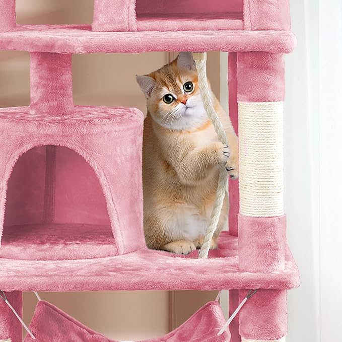 Topeakmart 62.2 inches Cat Tree, Cat Tower w/Double Condos, Scratching Posts & Hammock, Cat Activity Tree Kitten Play House, Pink