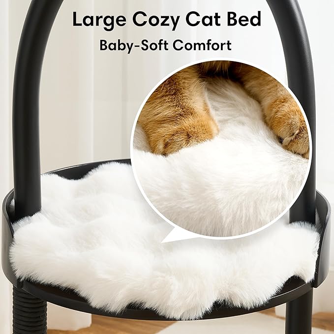 Modern Cat Tree, Wood Cat Tower with Steel Frame, Scratching Posts, Cat Capsule, Plush Mat, Bell Dangling Toy, Aesthetic Minimalist Heavy-Duty Cat Climbing Tree for Large Indoor Adult Cats-Black