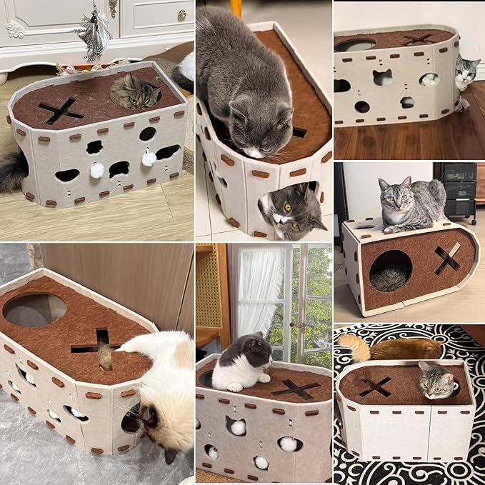 BABORUI Cat House for Indoor Cats, Large Foldable Cat Bed Cave with 5 Fluffy Ball Hanging, Felt Cat Hideaway with 8 Tunnels for Multi Pet Cats Kitten & Adult Play