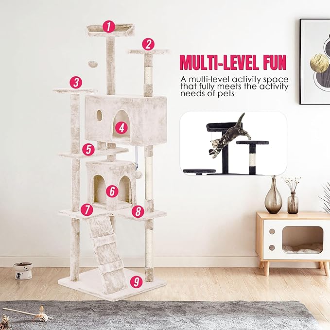 24/7 Shop at Home Court 70 inch Multi-Level Cute Cat Tree Tower with Dangling Ball and Scratching Posts for Indoor Cats Adults, Kitten Supplies, Pet House, Beige