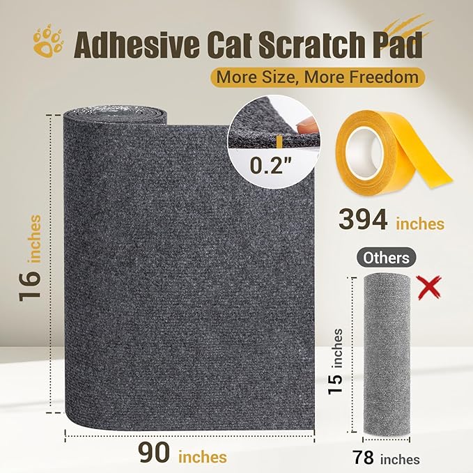 Cat Scratch Couch Furniture Protector, 90" x 16" Trimmable Anti-Scratch Couch Protector from Cat Claws with Double Self-Adhesive Carpet, Great for Sofa & Indoor Wooden Furniture (Dark Gray)