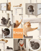 Feandrea Cat Tree with Litter Box Enclosure, 70.1-Inch Tall Cat Tower, 2-in-1 Modern Condo with Scratching Posts, Perch, Caves, Basket, Washable Cushion, Heather Greige UPCT116G01