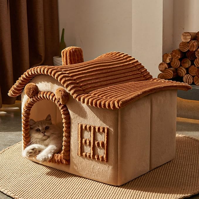 Jiupety Bear Cat Houses for Indoor Cats, Chimney Cute Cat Bed Cave, Enough Interior Space, Cartoon Soft Pet House Up to 3-15 lbs Puppy, Brown