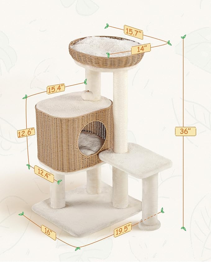 Yaheetech 36in PE Rattan Cat Tree with Big Perch, Breathable Woven Condo, Extra Long Sisal Scratching Post, Washable Cushion, Natural Cooling Design for Indoor Large Kittens, Beige