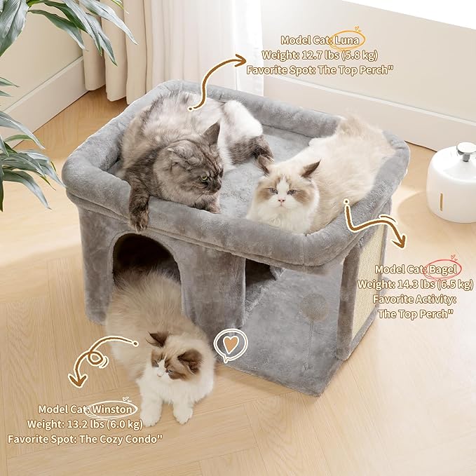 Heybly Cat Tree, 14 inch Cat Tower with Large Perch Bed and Cat Condo for Indoor Cats Large Adult, Cat House with Scratching Posts and Interactive Spring Balls for Your Kittens, Light Gray HCT203SW
