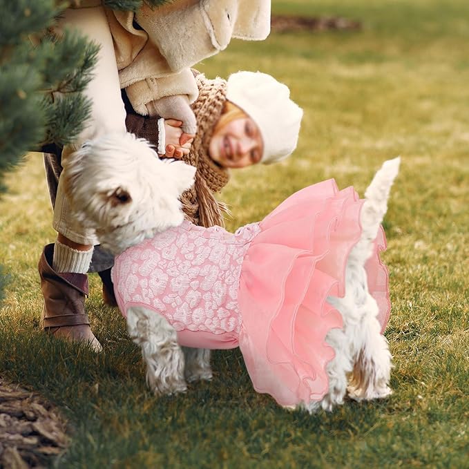 ASENKU Dog Dress, Dog Wedding Dress, Pet Lace Princess Dress with Bows for Wedding Birthday Party, Puppy Formal Apparel with Pearl Necklace for Small Dogs (Pink, Small)