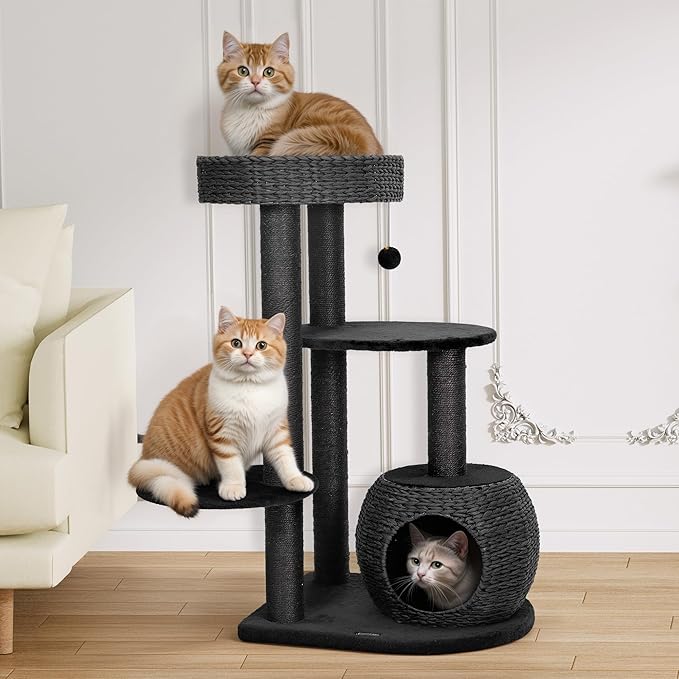 Black Cat Tree, 39" Tall Cat Tree Tower for Cats, Modern Cat Condo with Scratching Posts, Multi-Level Solid Wood Tower & Top Perch, Cat Furniture for Big Cats
