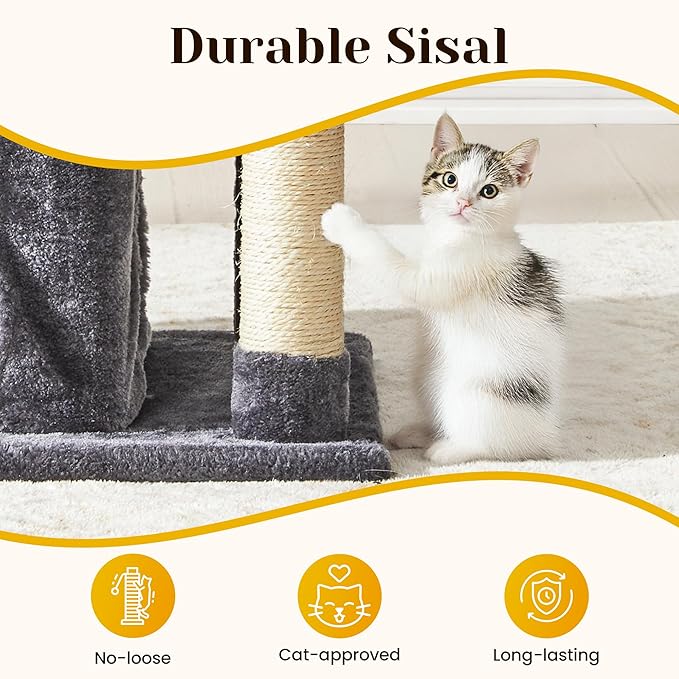 Medium Cat Tree with Scratching Posts, Cat Bed, Hammocks & Condos – Multi-Level Cat Tower for Playful Cats, 36" Modern Jungle Gym, Dark Grey