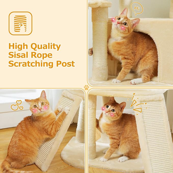 Cat Tree, Multi-Level Cat Tower for Indoor Cats, Cat Climbing Tree Condo with Sisal Covered Scratching Posts, Deep Hammock and Interactive Cat Toy, Beige