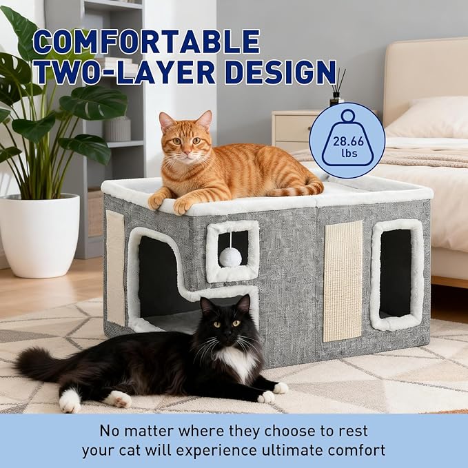 Cat Houses for Indoor Cats,Foldable with Cat Scratch Pad and Hanging Fur Ball - Washable Semi-Enclosed Cat Bed, Warming Comfy Cat Tent,22.83x16.92x12.99inch, Grey