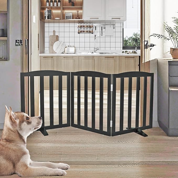 Freestanding Dog Gate Indoor,Doggie Gate Foldable Pet Gates for Doorways,Stairs or Hallways, Wooden Black Pet Gate for the House, Pet Fence with Support Feet Included,24 "Height-3 Panels