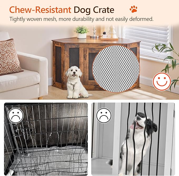 Corner Dog Crate Furniture, Wooden Dog Kennel End Table, Decorative Pet Crate Indoor Use, Furniture Style Dog House for Small Medium Dog, Dog Cage TV Stand, Rustic Brown DCRB0801