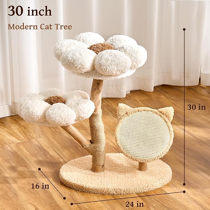 Modern Natural Solid Wood Cat Tree Tower for Indoor Cats Large Adult, 30 inch Flower Cat Tree with Scratching Post, Luxury Aesthetic Cat Tree with Cloud-Soft Flower Perches and Sisal Scratching Pad