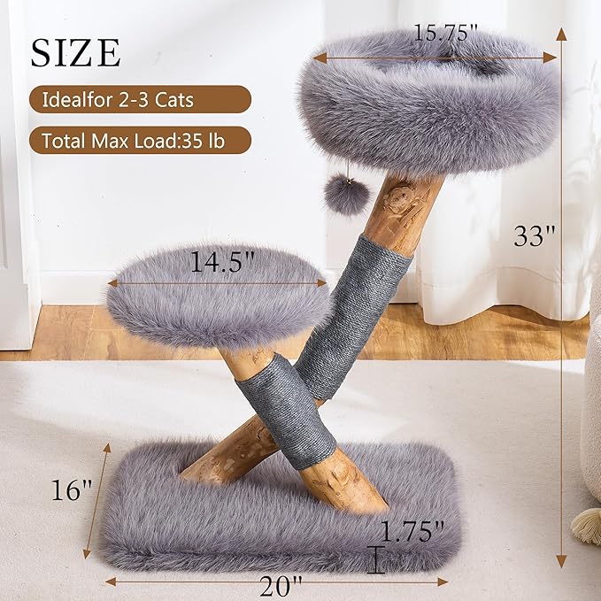 HITTITE Natural Solid Wood Cat Tree Tower with Scratching Post, 32 Inches Tall Modern Cat Tower with Cozy Bed and Platforms, Luxury Real Branch Cat Tree for Indoor Cats Large Adult, Grey.