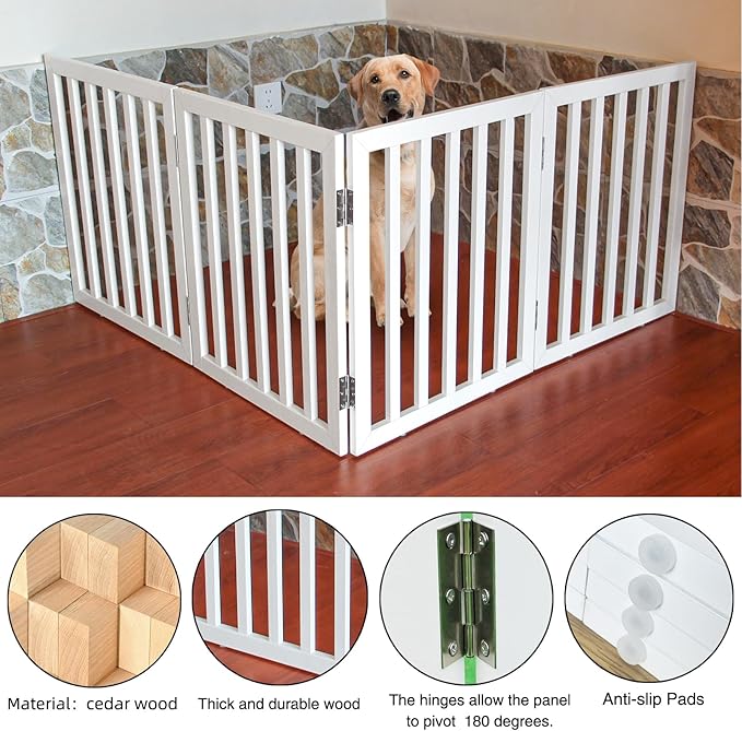 ZJSF Freestanding Indoor Dog Gate for House Foldable Wood White Puppy Gate for Doorways Pet Gate for Stairs Extra Wide Pet Fence 32" Height 4 Panels