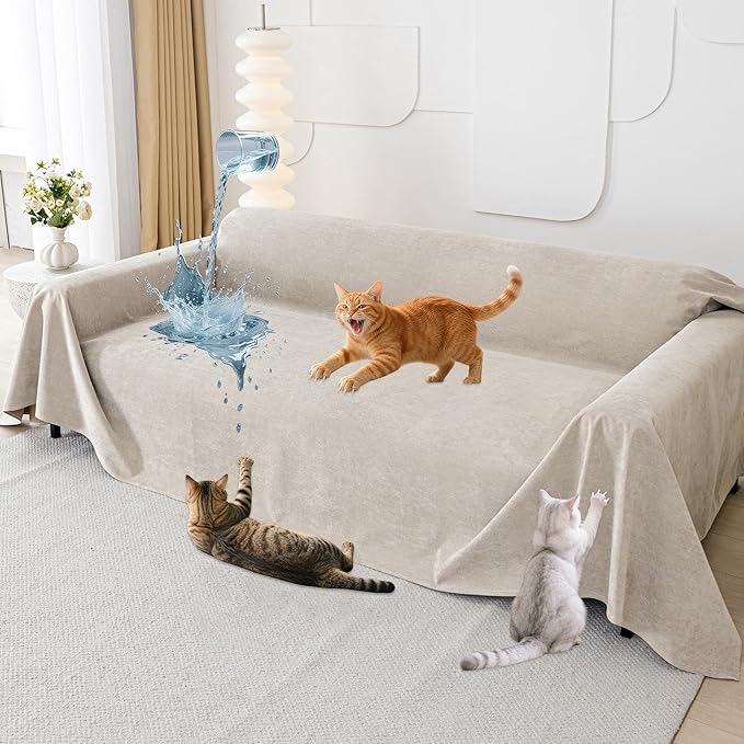 Cat Scratch Furniture Protector - Anti-Slip, Waterproof Sofa Cover to Keep Cats Off, Pet-Friendly Couch Protectors for 3 Cushion Couch, Khaki Anti-Scratch Couch Cover for Pets and Kids 134"X71"