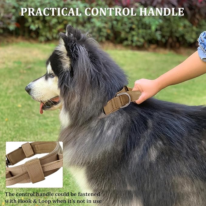 Tactical Dog Collar with Handle - Military Adjustable Dog Training Collar Soft Nylon and Heavy Duty Metal Buckle for Medium Large Dogs - with Patch (Brown, Medium)