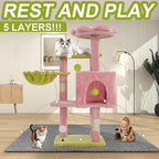 Cat Tree Tower with Metal Frame Hammock, 41'' Cat Trees for Indoor Cats Large Adult, Cat Towers with Scratching Post, Cats Condo furniture with Pink Flower Perch, Cats Climbing Tower for Kittens(Pink)