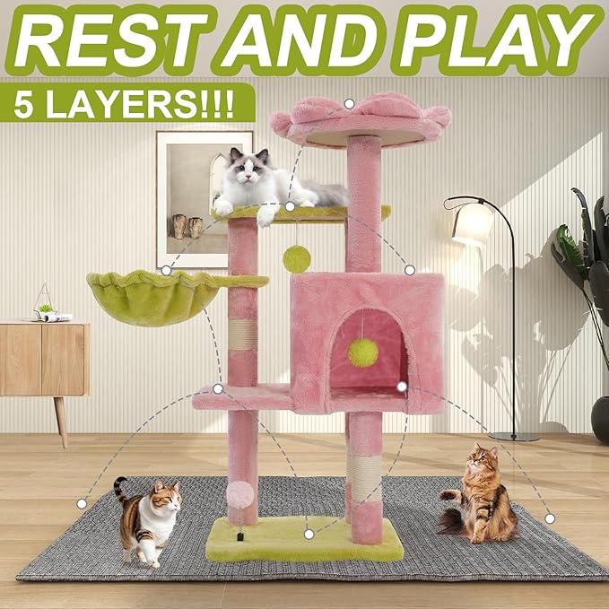 Cat Tree Tower with Metal Frame Hammock, 41'' Cat Trees for Indoor Cats Large Adult, Cat Towers with Scratching Post, Cats Condo furniture with Pink Flower Perch, Cats Climbing Tower for Kittens(Pink)