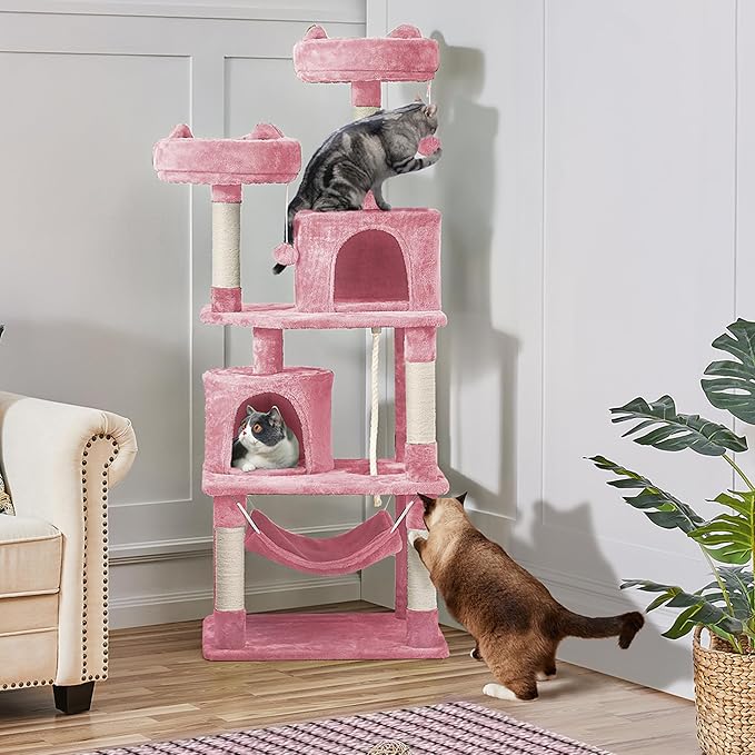 Topeakmart 62.2 inches Cat Tree, Cat Tower w/Double Condos, Scratching Posts & Hammock, Cat Activity Tree Kitten Play House, Pink
