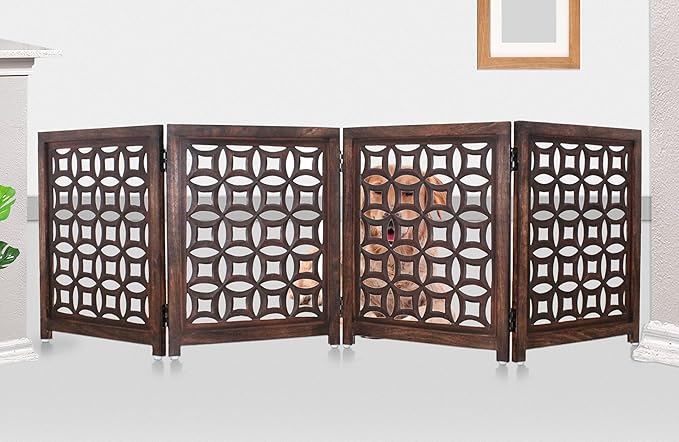 Wooden Foldable Pet Dog Safety Gate -4 Panels 20"Wx24"H- Hand Carved Solid Wood And MDF - Free Standing Portable Indoor Doorway Hall Stairs Dog Puppy Fence - Fully Assembled - Antique Brown -IRONGATE