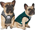 iChoue 2pcs French Bulldog Striped Shirts 100% Breathable Cotton Tank Tops Vests Clothes for Frenchie Dogs, Black and Green Stripes, Medium