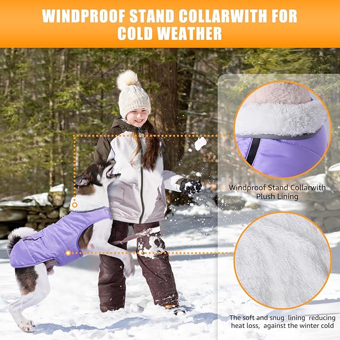 iBuddy Dog Winter Coat for Large Dogs, Easy on Dog Snow Fleece Coat Velcro Waterproof Pet Puffer Clothes with Harness Hole Adjustable Reflective Quilted Pet Cold Weather Vest Wind-poof for Girl Female