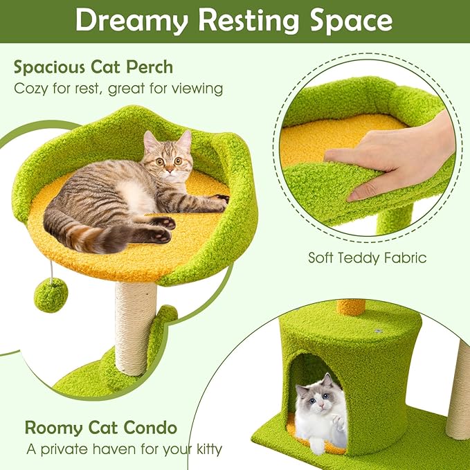 Tangkula Palm Small Cat Tree, Cute Cat Tower with Sisal Scratching Posts, Top Perch, Condo, Self Groomer & Dangling Ball, Unique Cat Tree Tower with Green Leaves for Indoor Cats