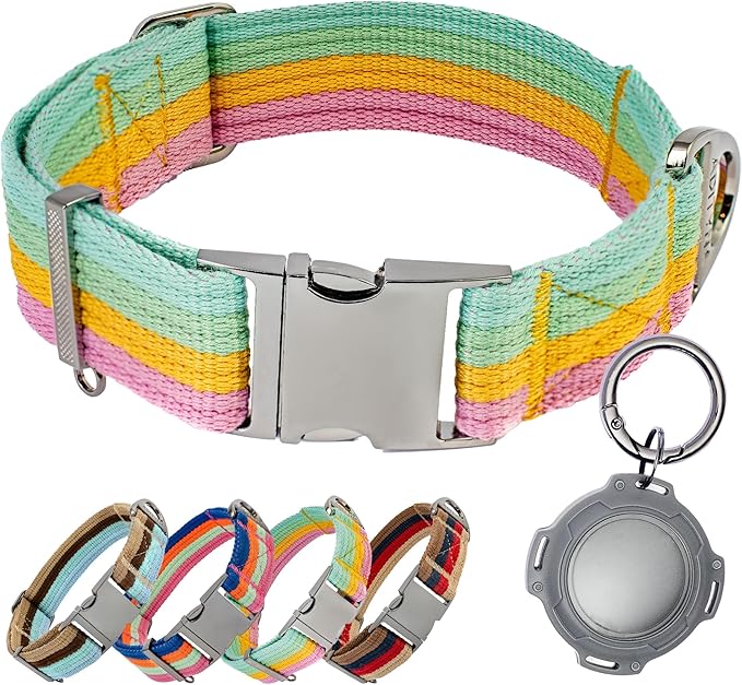 ADITYNA Cotton Dog Collar with AirTag Holder - Heavy-Duty Metal Buckle, Breathable, Easy Adjustable for Large & Extra-Large Breeds - for Walking, Training (Pastel Paradise, Fits 19-30" Necks)